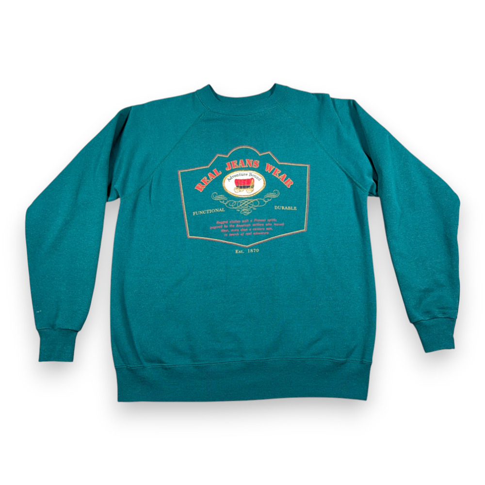 Vintage Real Jeans Wear Sweater Adult MEDIUM Green Sweatshirt Pioneer USA 90s